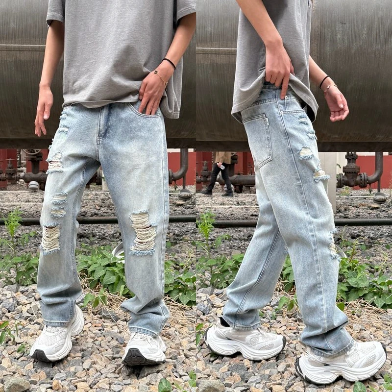 夏季水洗浅蓝破洞牛仔裤男合身小直筒长裤美式高街痞帅乞丐裤潮流