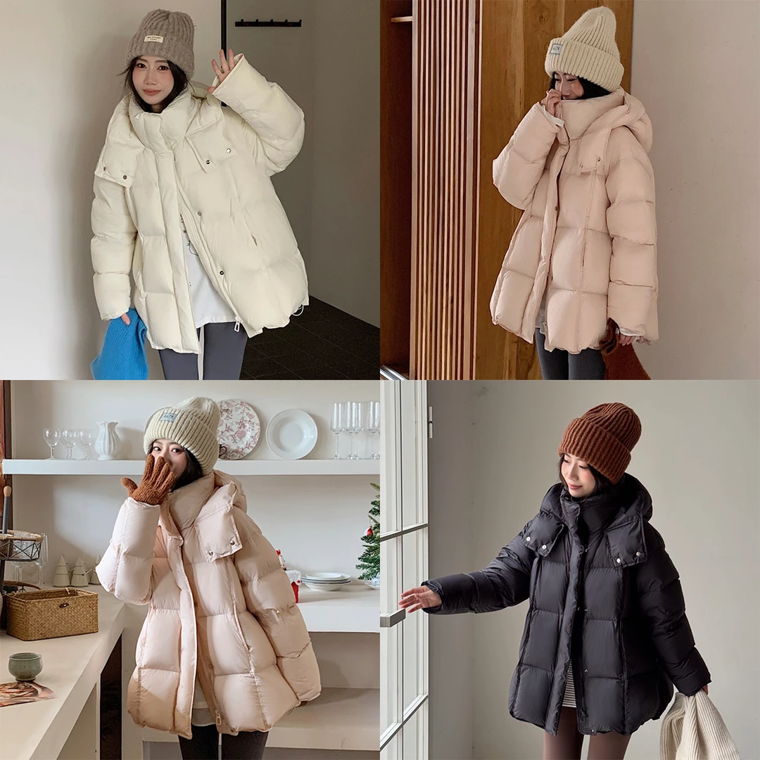 泡芙小姐C5235下摆抽绳拉链连帽羽绒服