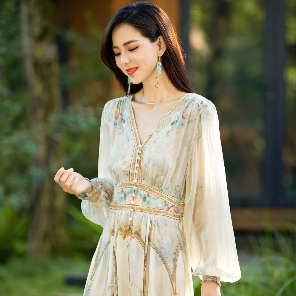 时尚气质轻奢高级桑蚕丝钉珠印花高级感长袖修身长款连衣裙25夏季