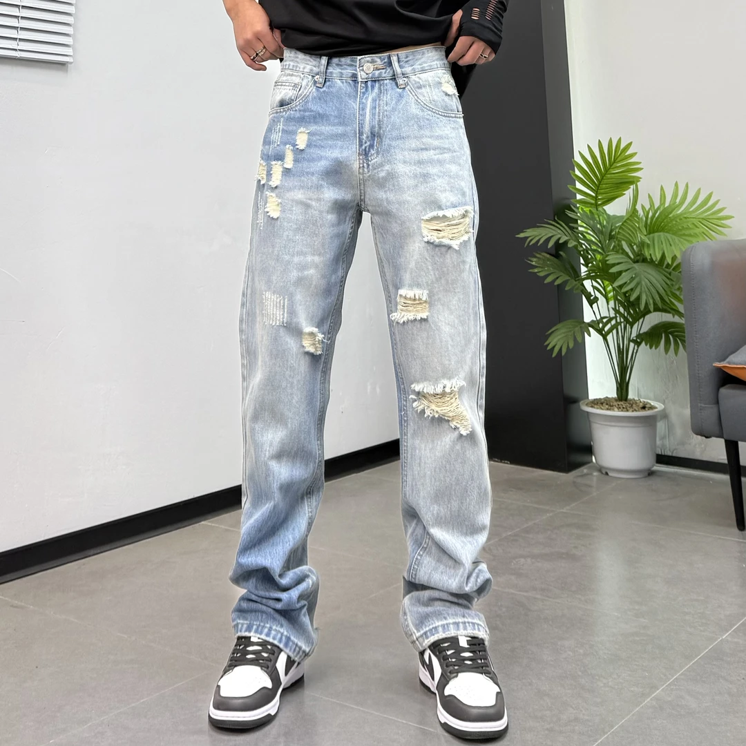 美式高街潮牌浅色牛仔裤男春夏季2025新款宽松直筒刀割乞丐破洞裤