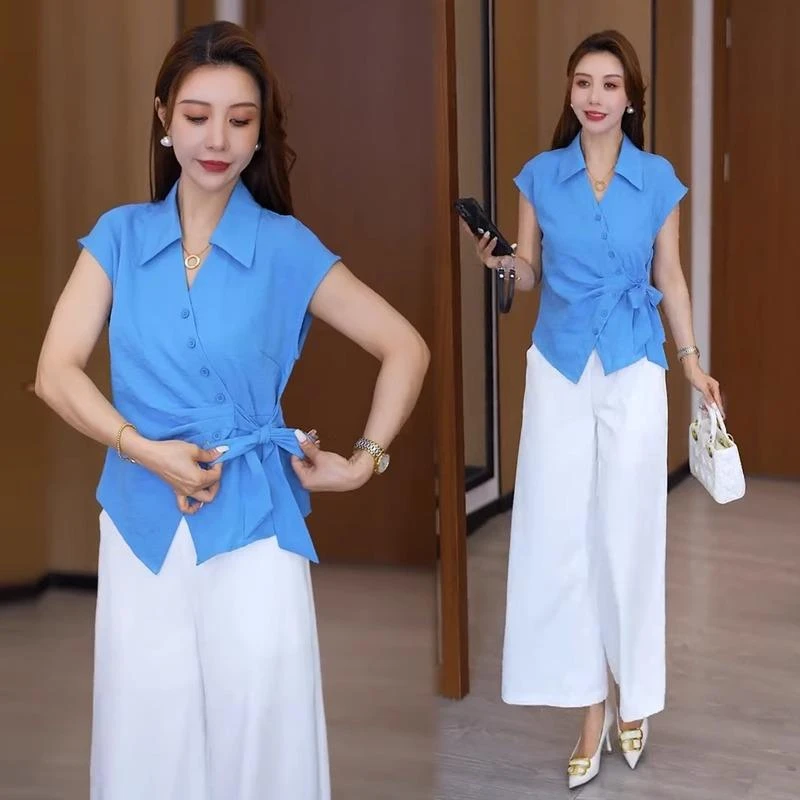 巨好看的夏装套装2025新款超火洋气减龄显瘦遮肉衬衣阔腿裤两件套