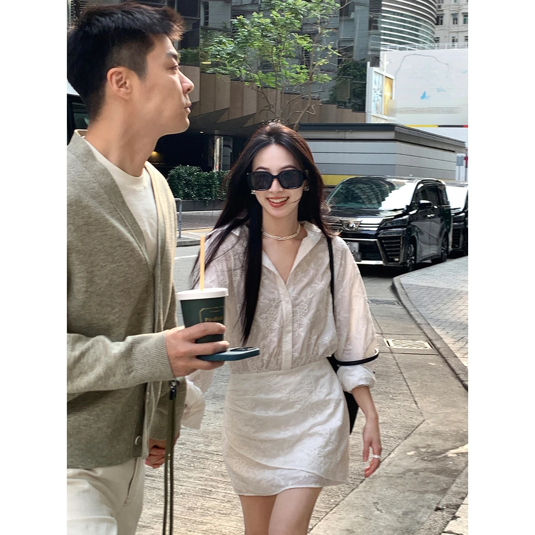 夏诗文 全棉镂空绣花长袖翻领连衣裙女夏收腰衬衫裙