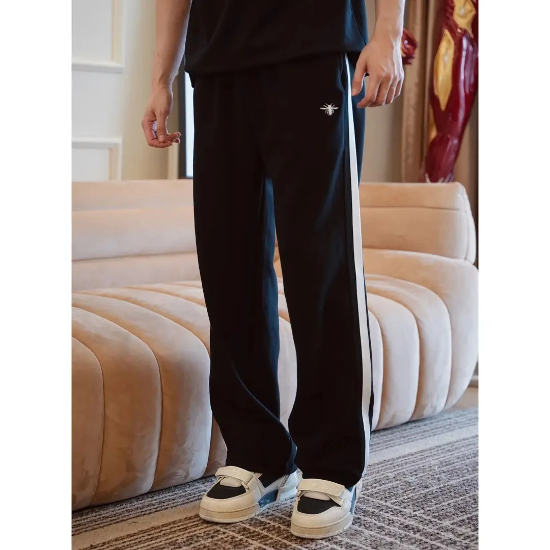 高品质夏季新款百搭直筒裤男士蜜蜂刺绣白织带拼接裤子宽松休闲裤