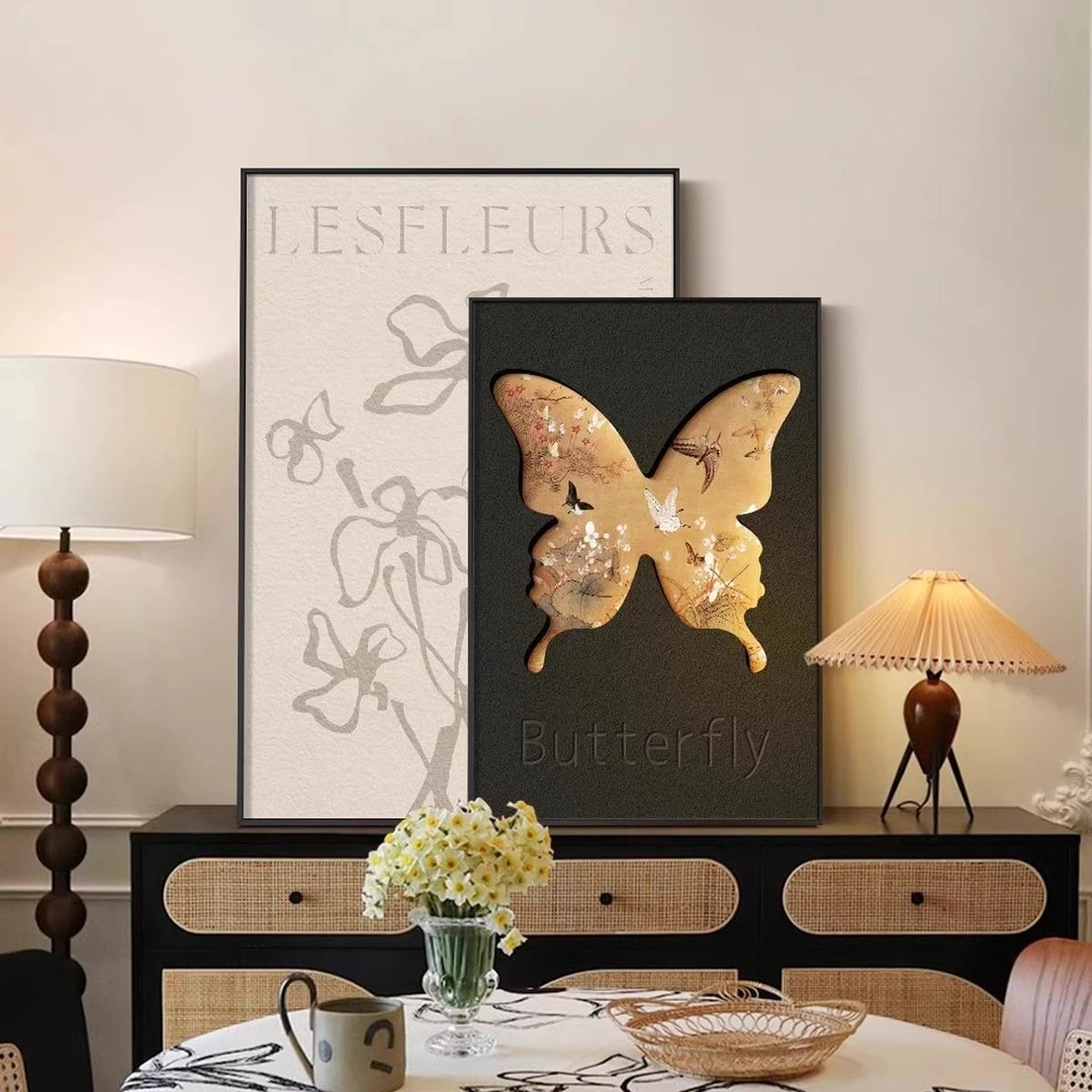 中古风高级感蝴蝶客厅装饰画法式复古玄关卧室床头柜桌面摆件画