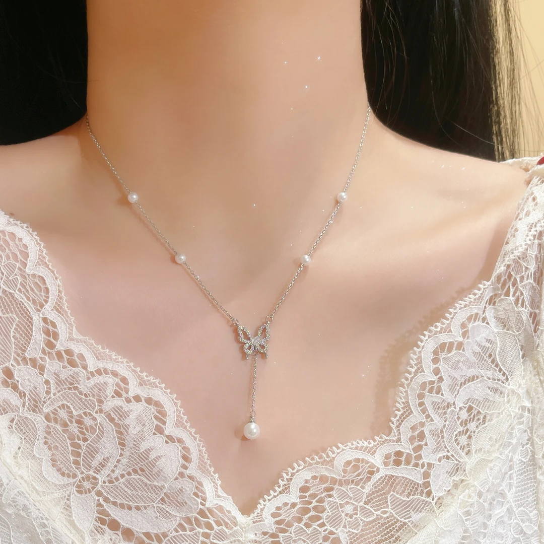 铜仿珍珠项链 锆石仿珍珠蝴蝶项链轻奢时尚设计感通勤百搭锁骨链