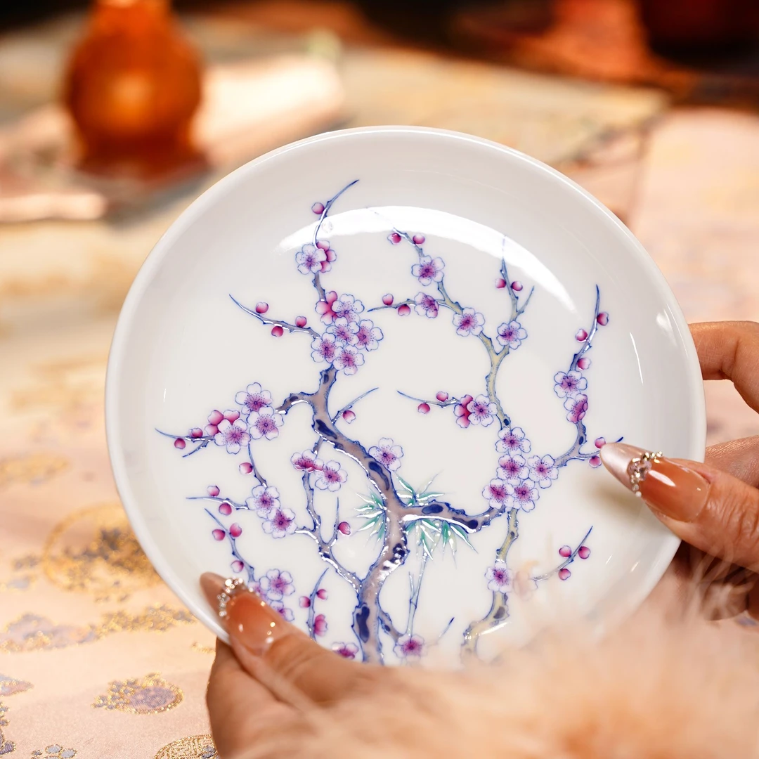 【独妙芳华】家用简约梅花壶承茶具茶杯中式斗彩纯手绘圆型陶瓷小盘