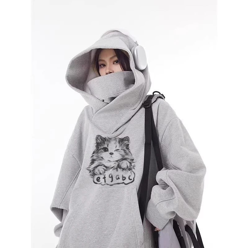 特大码300斤猫咪印花i人社恐卫衣男秋冬新款加绒加厚高领连帽外套