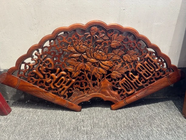 东阳木雕挂件中式仿古典明清家居装饰工艺品扇形天然透雕挂件