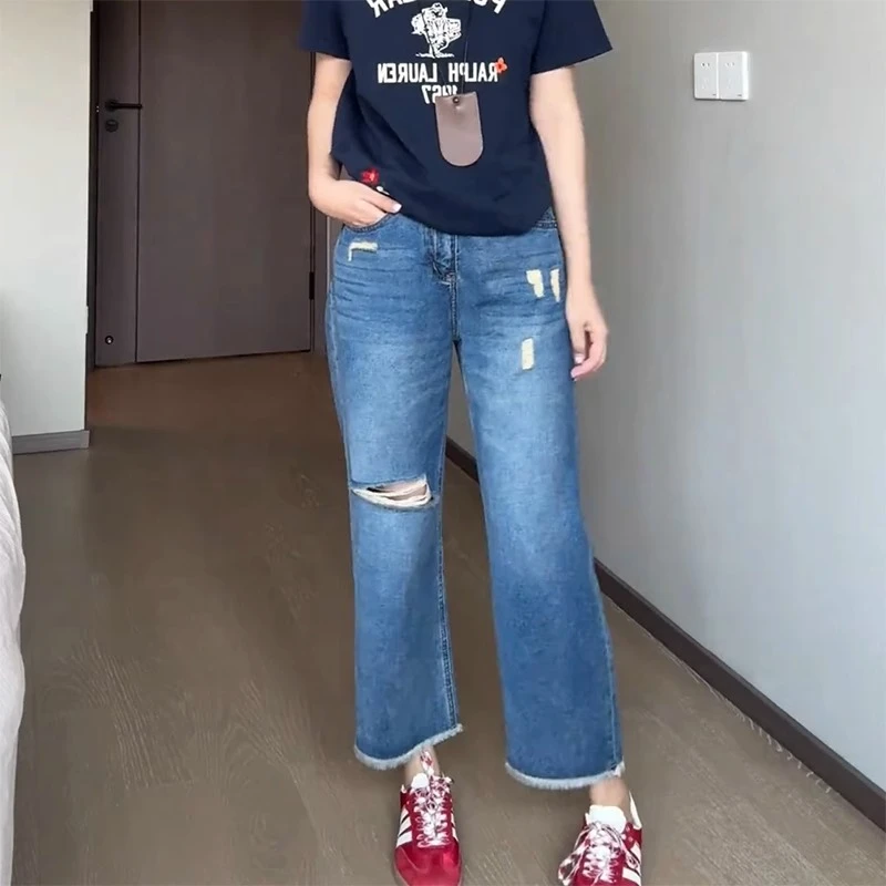 2025夏季新款破洞直筒裤洋气减龄窄版阔腿裤毛边九分薄款牛仔裤子