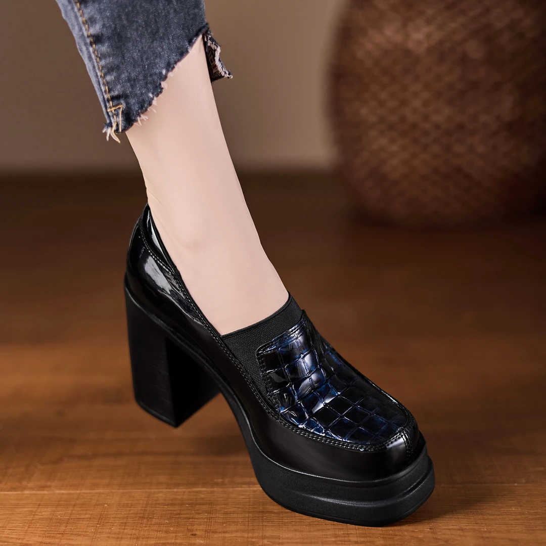 小个子手工女鞋10cm~厚底一脚蹬漆皮乐福鞋女圆头高跟鞋粗跟单鞋