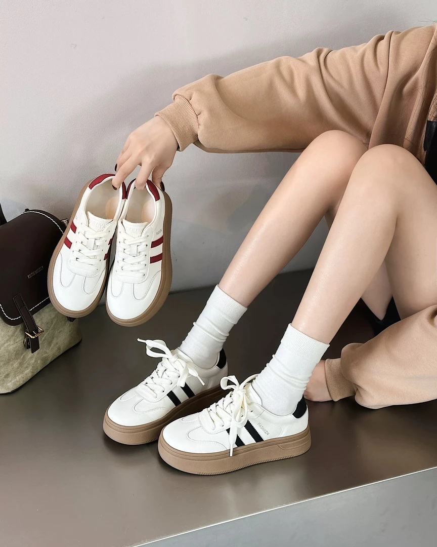 真皮德训鞋新款百搭厚底圆头拼色软底经典复古小白休闲板鞋