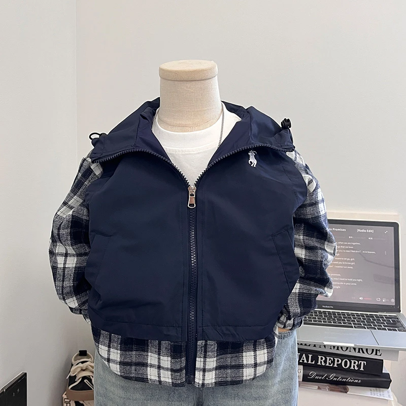 男童外套春秋款连帽风衣2025新款韩版儿童洋气拼色假两件冲锋衣潮