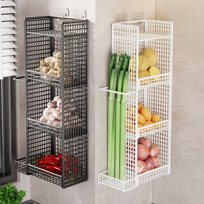 壁挂式免打孔厨房水果蔬菜葱姜蒜调味品收纳多层厨房调料瓶置物架