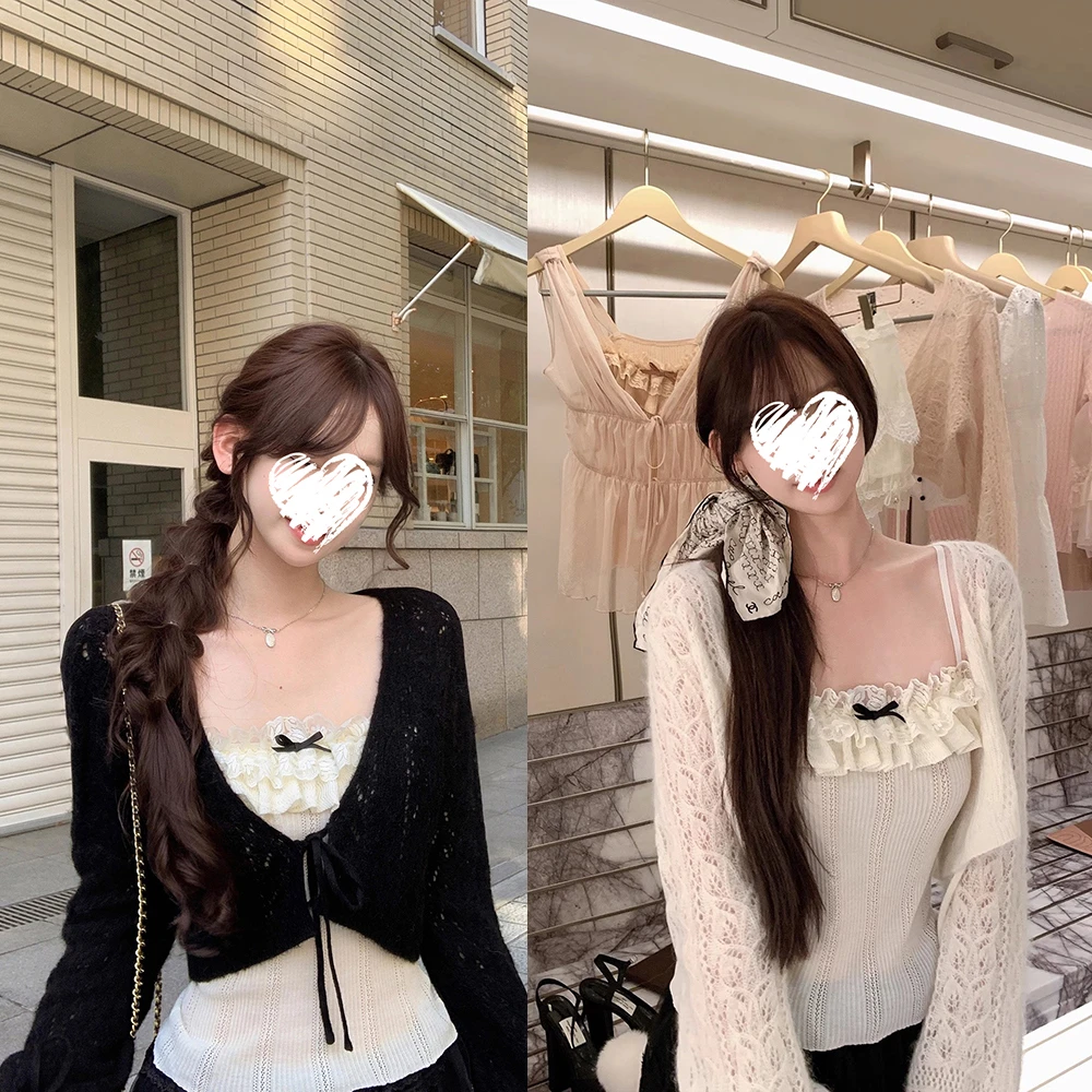 镂空短款长袖针织开衫毛衣外套+蝴蝶结蕾丝拼接吊带背心早秋套装