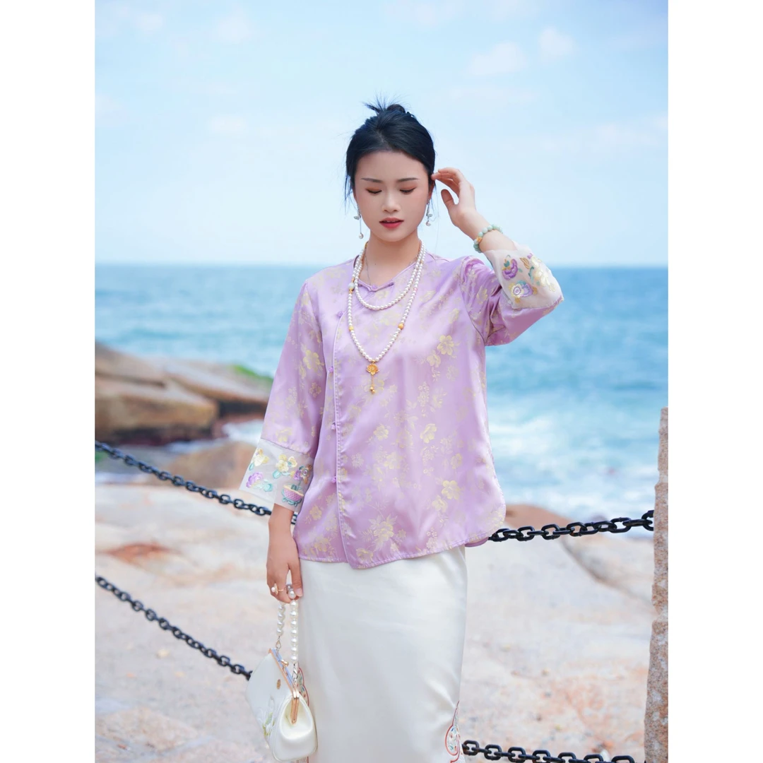容容【紫韵繁花】新中式高定刺绣2025夏季款手工开襟显瘦上衣35126