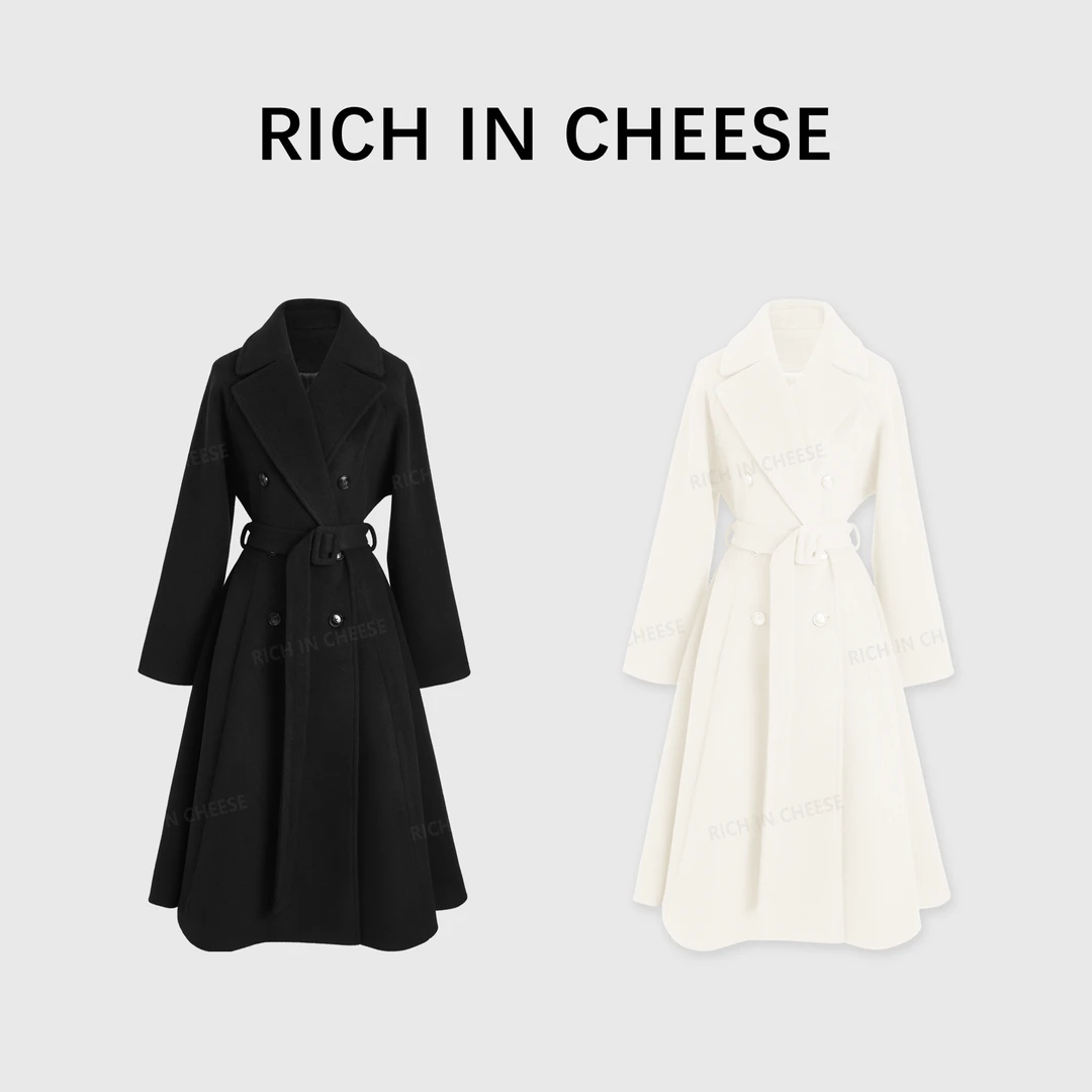 RICHINCHEESE  机场女明星 气质时尚收腰赫本风长款毛呢大衣