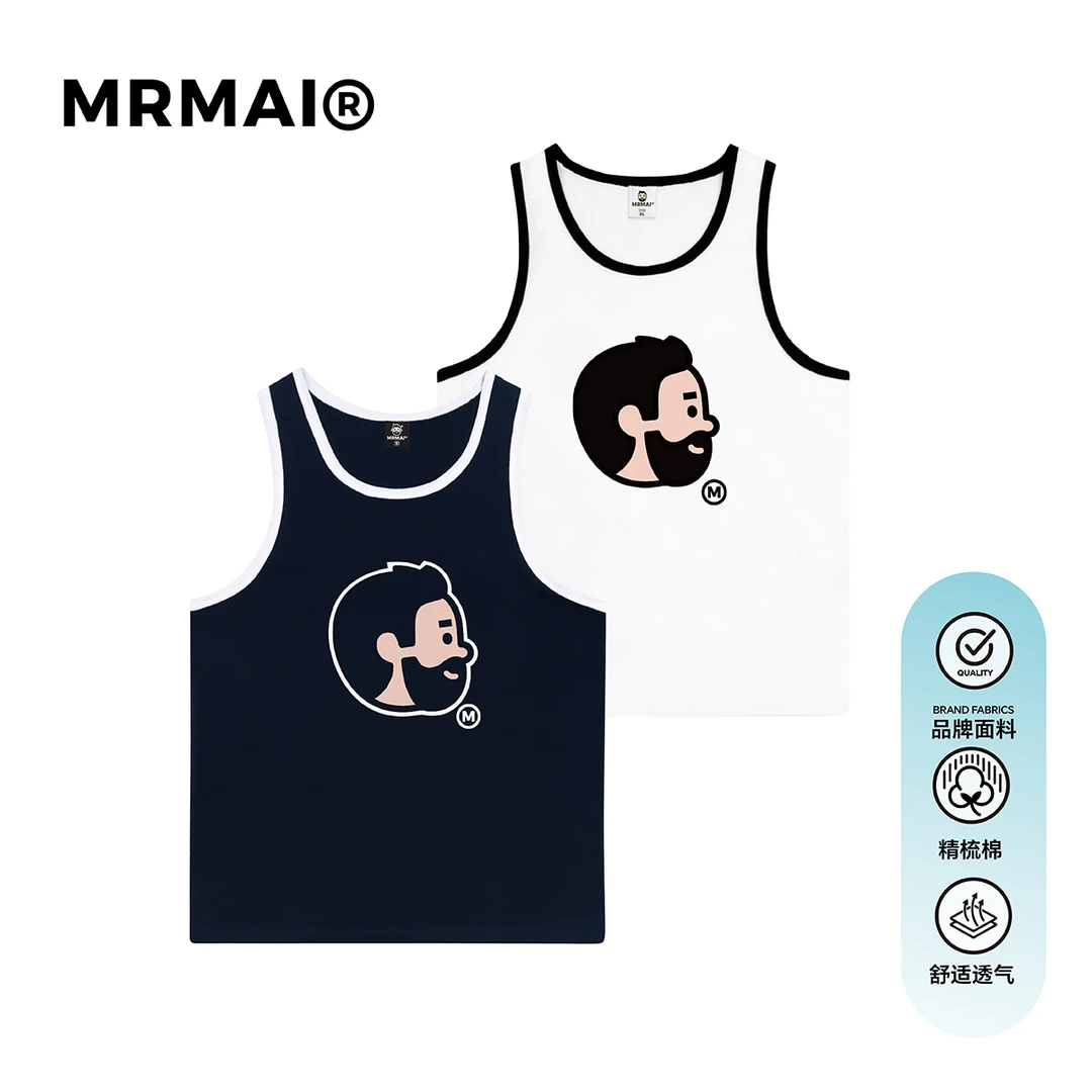 MRMAI CHILL系列夏日举重主题印花白色浅蓝彩边运动健身休闲背心