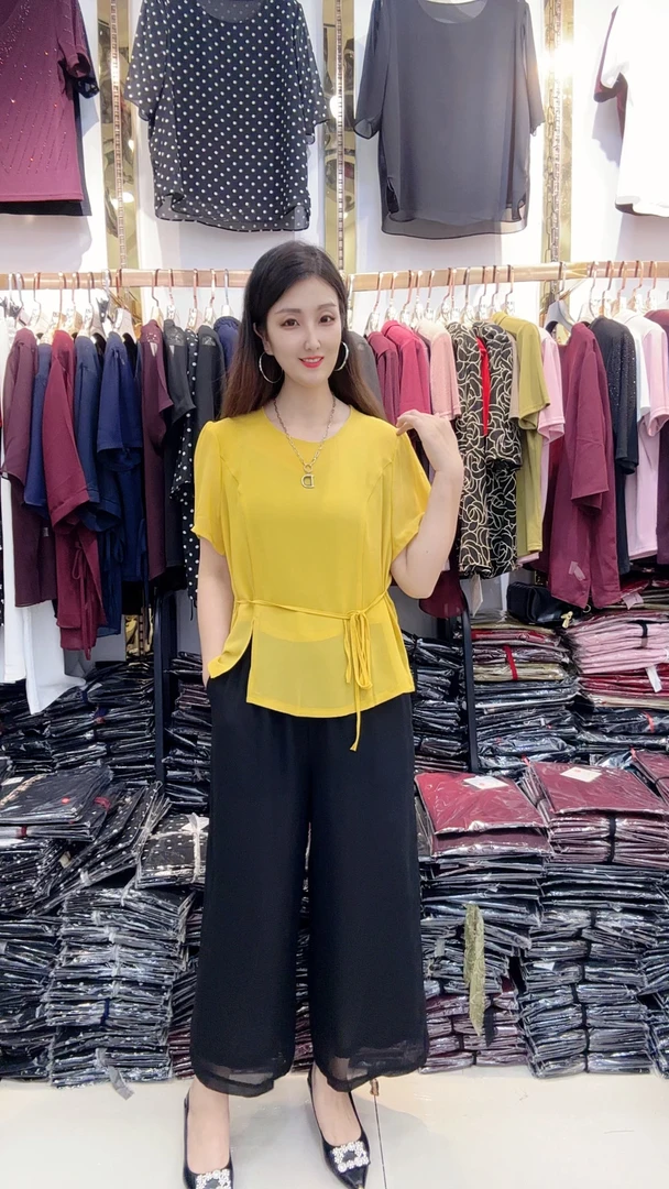 双层套装珍珠纱女士夏季大码时尚洋气减龄显瘦遮肉套装