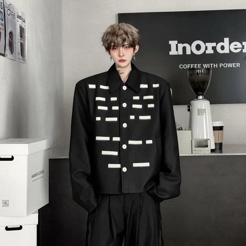 秋装暗黑系小众撞色拼接翻领短款夹克男设计感网红痞帅外套高级感