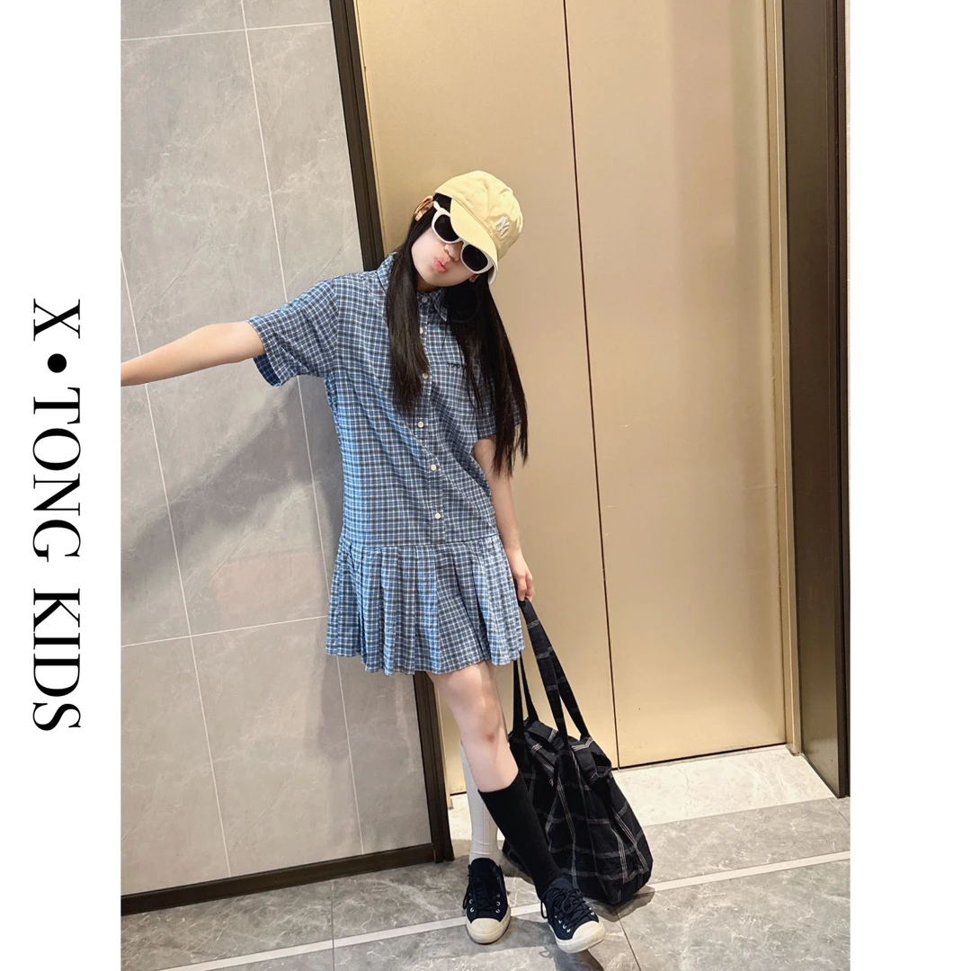 【X•TONG】MIU系夏季时尚学院风短袖格子衬衫百褶连衣裙 8066