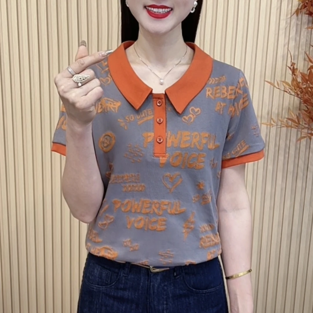 夏季新款精致撞色翻领印花设计休闲百搭显瘦女士短袖上衣M935