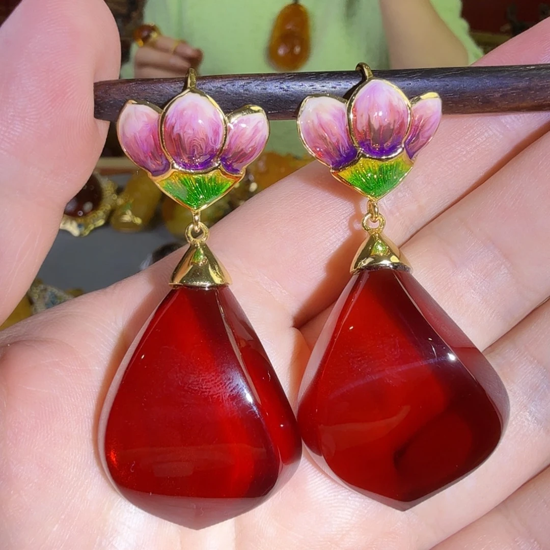 血珀银S925镀金镶嵌耳环