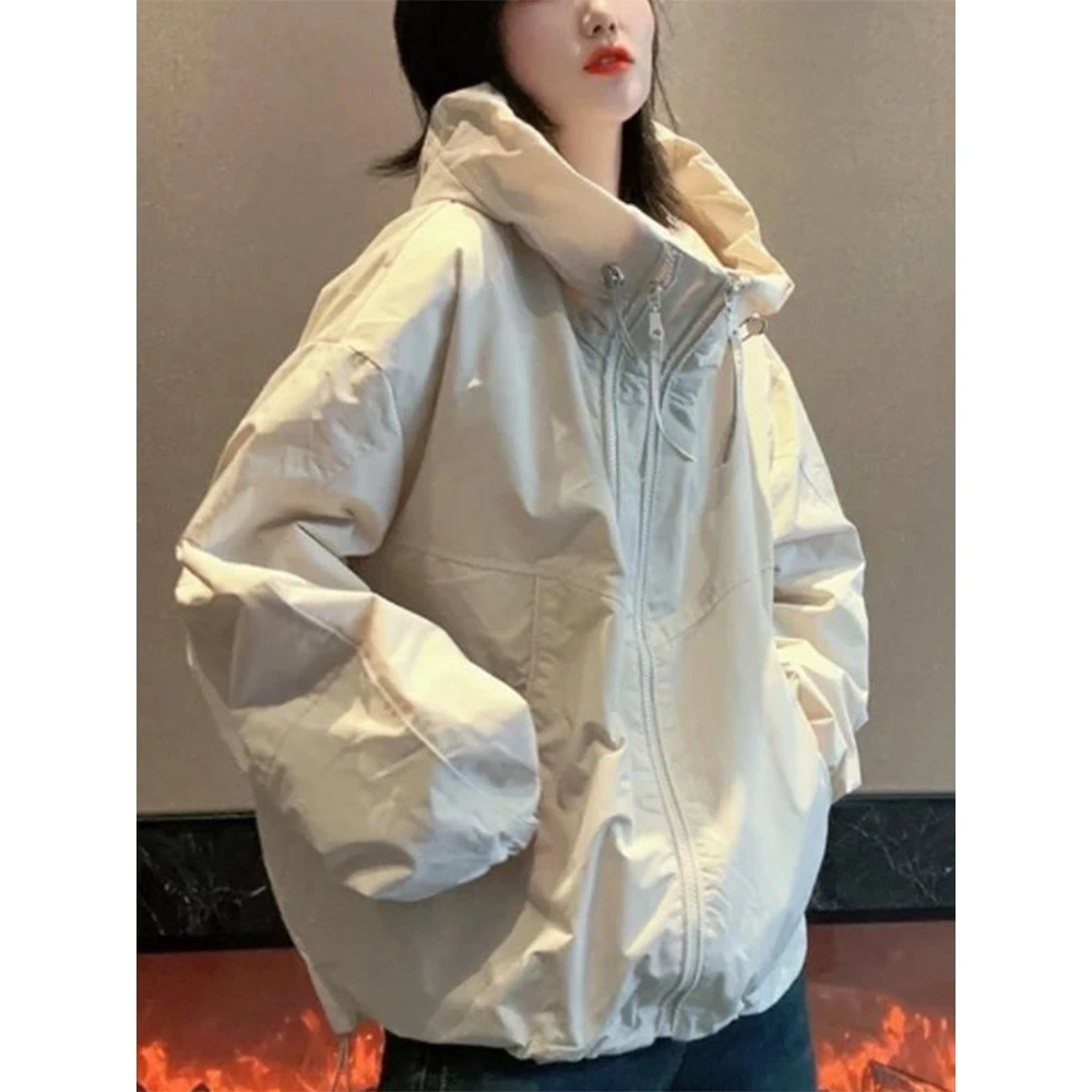 覆古纯色夹克短外套女式2025春秋新款宽松连帽高端夹克风衣百搭