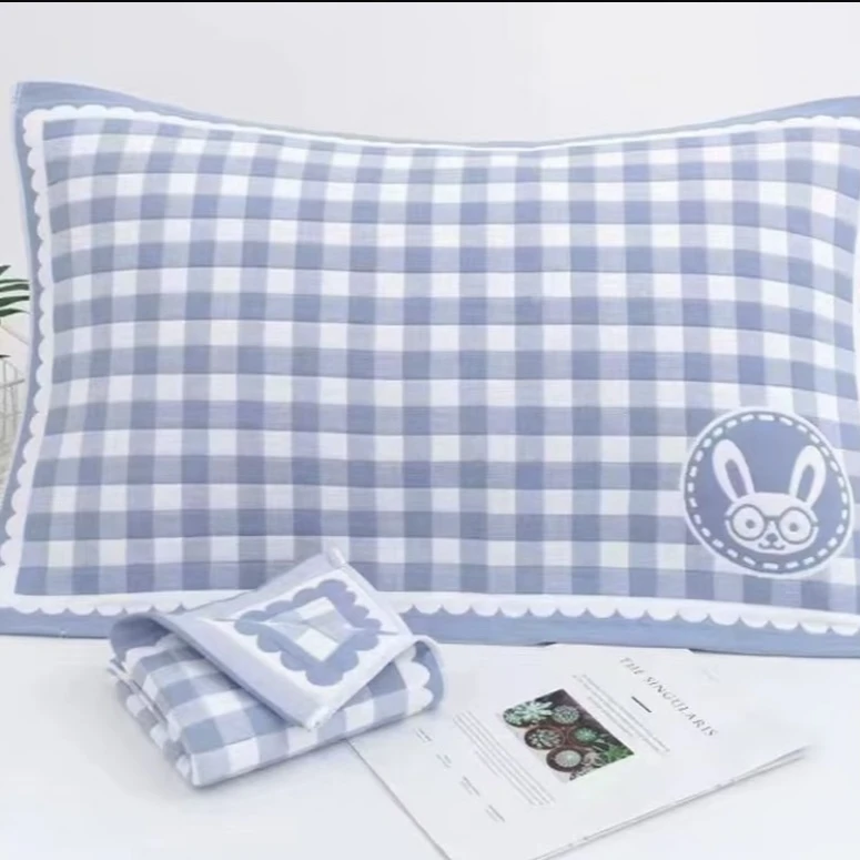 【木帛织物】 灰蓝格兔一对装 花边直边纱布简约枕巾 加厚简约家用