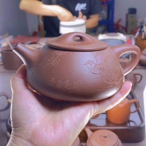 茶壶紫砂晨*子也石瓢400cc刻绘
