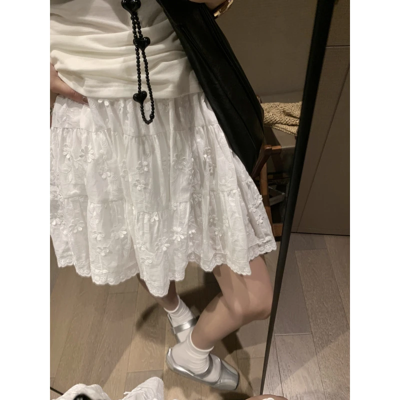减龄活力少女风~浪漫花朵刺绣节节拼接A字半身裙2025夏日辣妹短裙