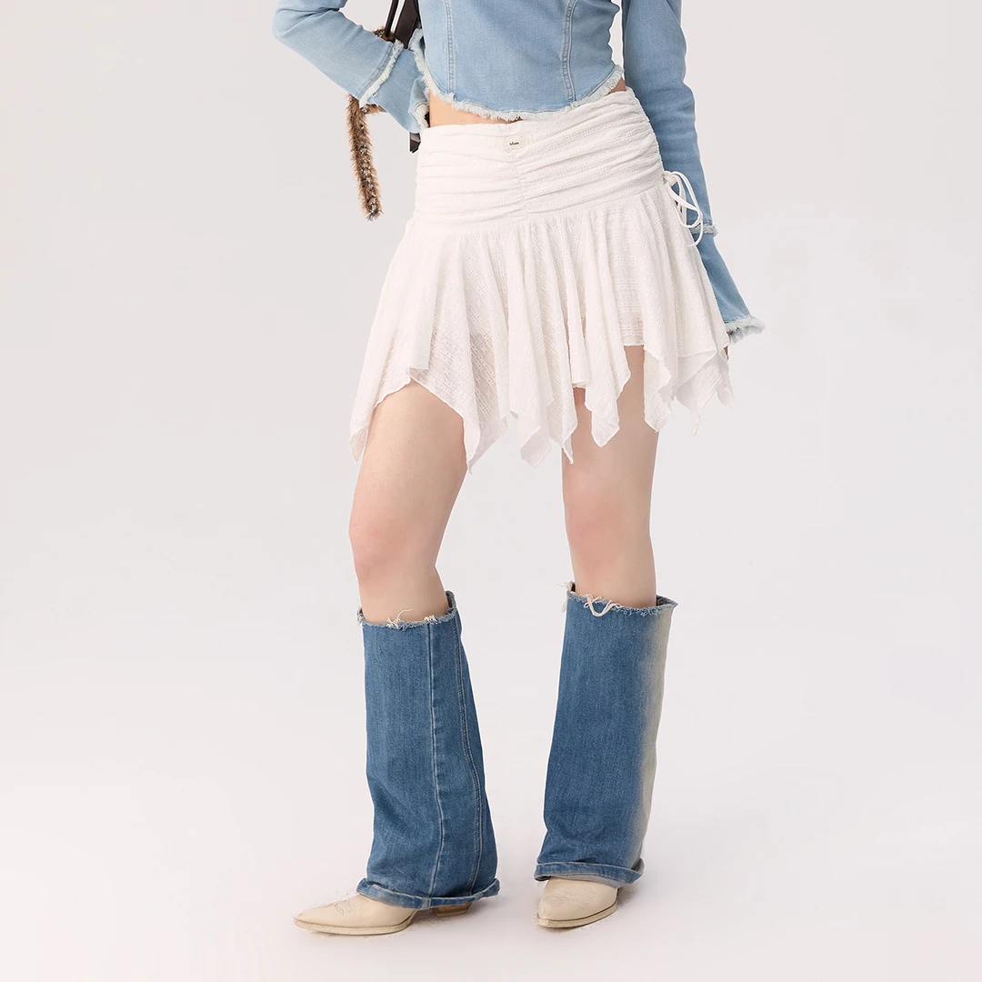 CHUU秋季女装抽褶设计不规则短裙子韩式穿搭蕾丝标半身裙