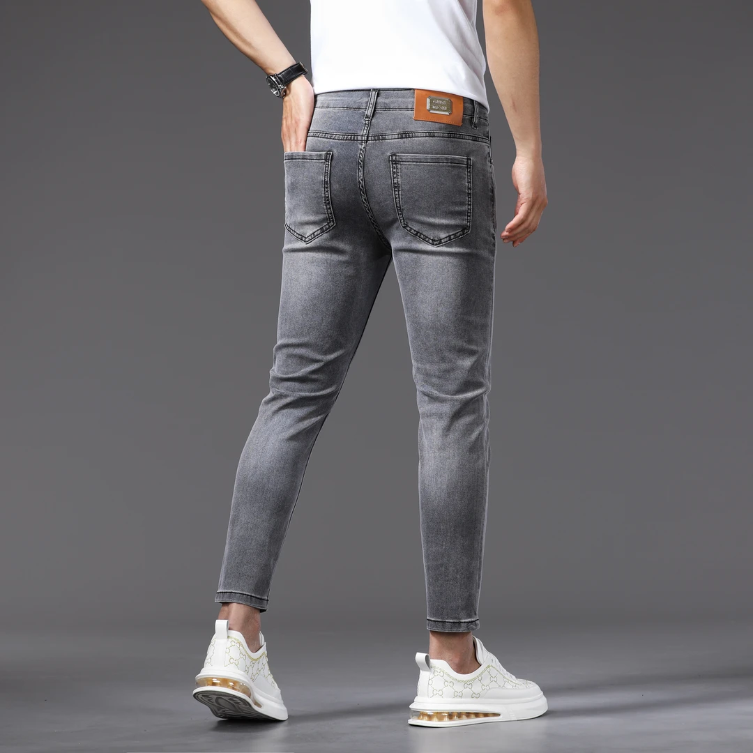 牛仔高弹力烟灰色小脚高端薄款柔软男士九分裤修身夏季新款牛仔裤