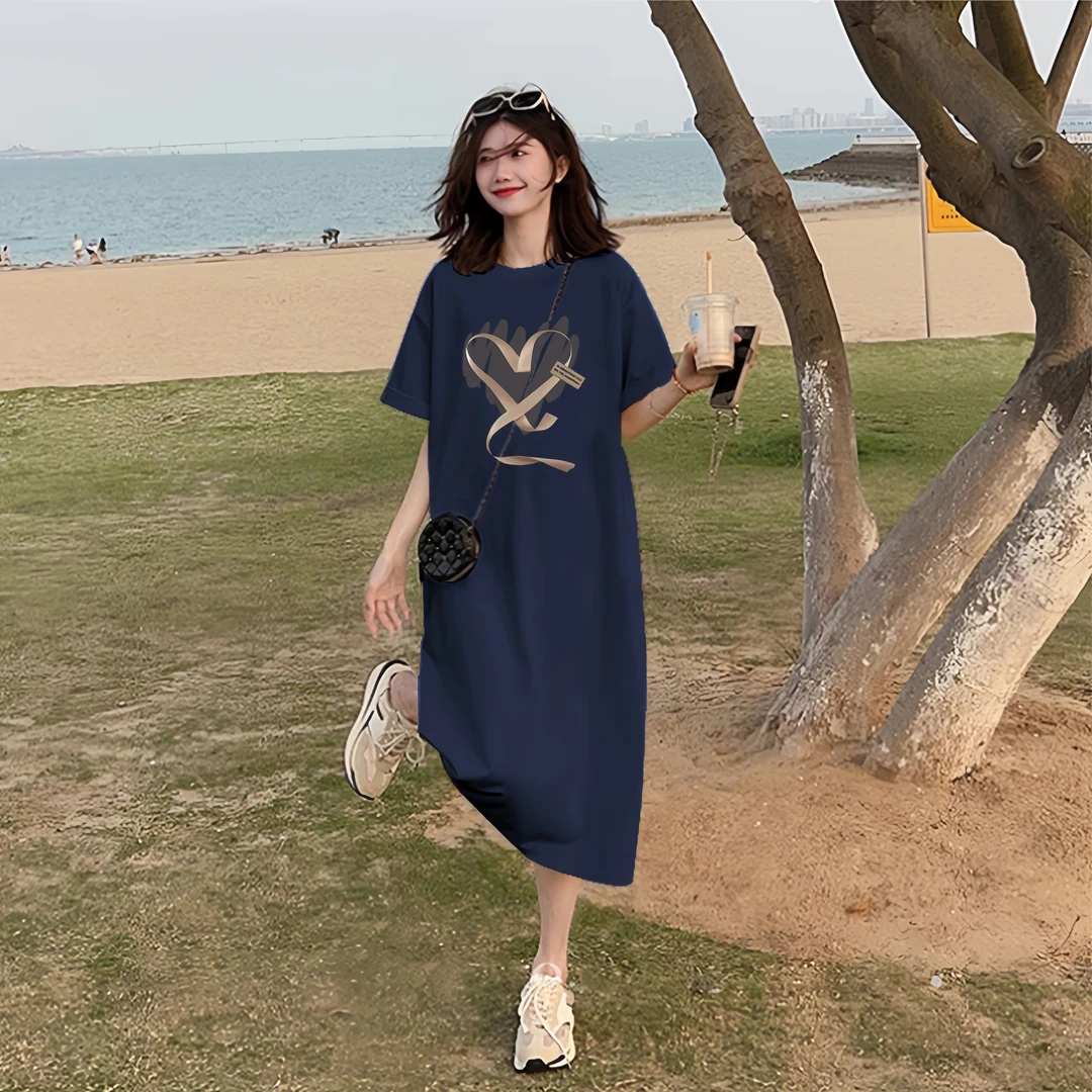 网红纯棉开叉连衣裙大码女装学院风修身显瘦洋气时尚印花长裙过膝