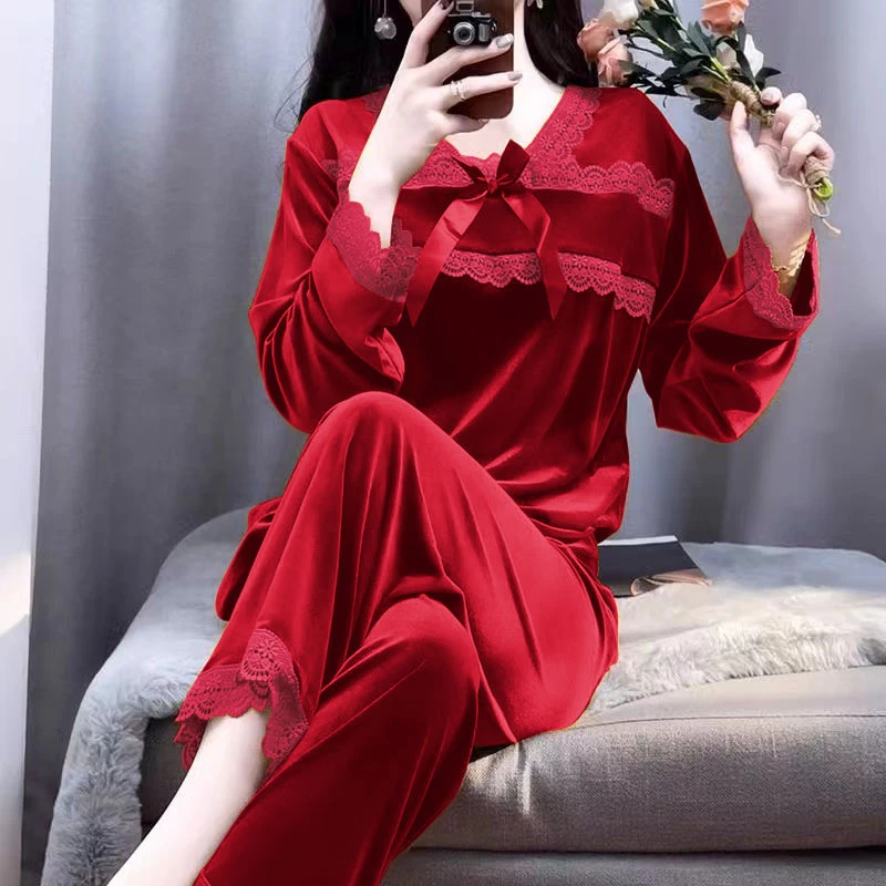 金丝绒睡衣女新婚喜庆2025新款高级感长袖红色本命年家居服套装
