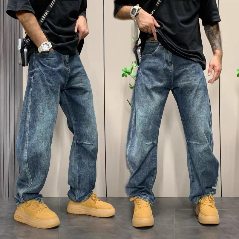 美式复古弯刀牛仔裤秋季男款潮牌潮流设计感宽松百搭直筒阔腿长裤