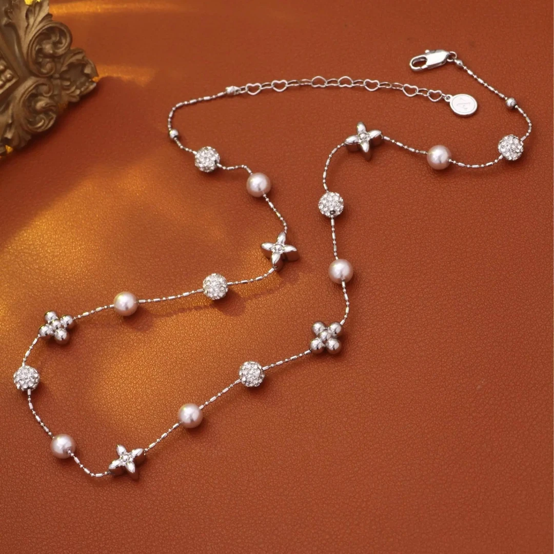 铜合金锆石项链 XL-475法式时尚轻奢四叶花钻球珍珠精致款项链