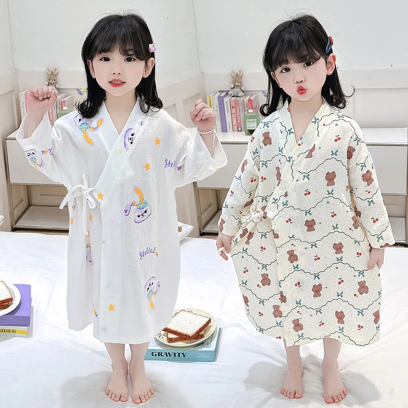 女童长袖纯棉宝宝浴袍儿童夏季纱布空调服睡衣春秋男女童家居睡袍