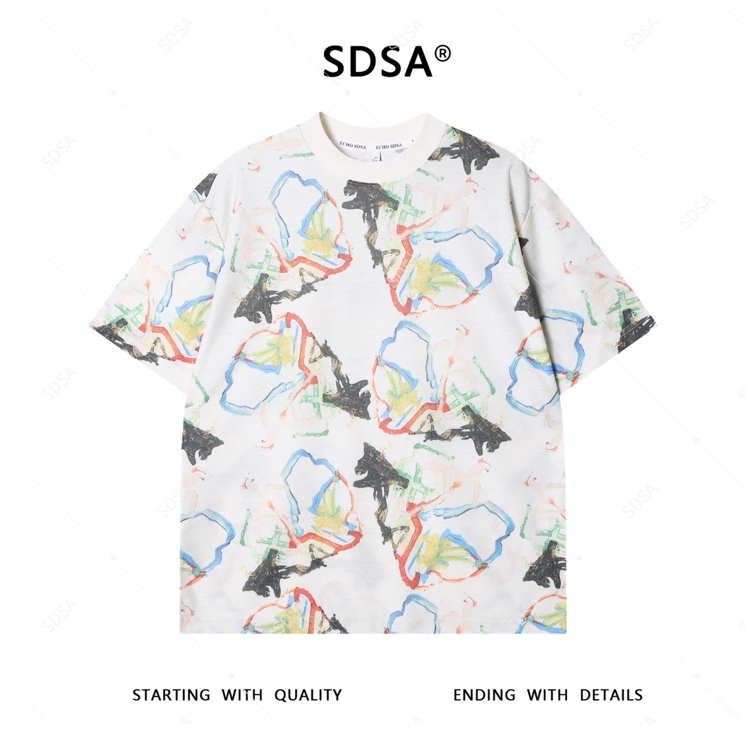 夏季高级感新款男士潮牌撞色涂鸦设计圆领短袖T恤时尚宽松上衣潮