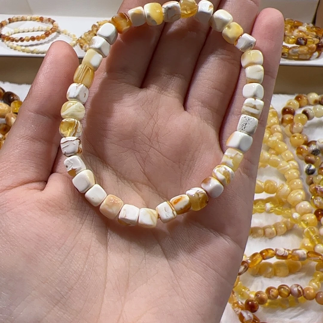 琥珀未镶嵌珠宝奇石金瓷白沁色方糖手串