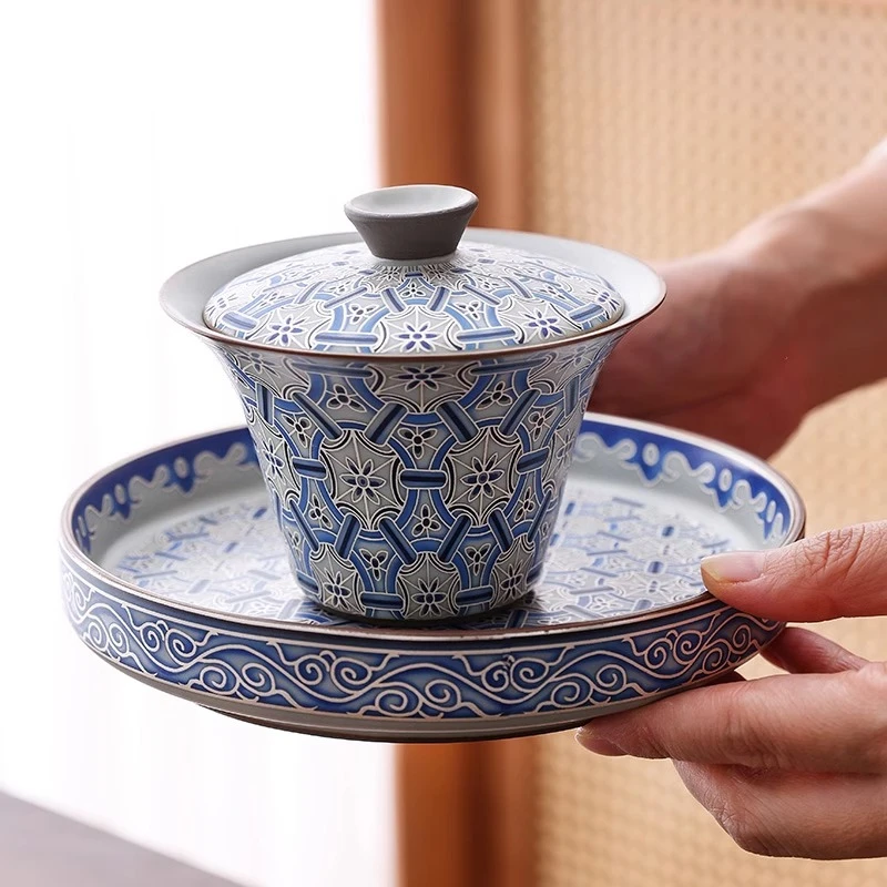 大师手作掐丝银汝陶瓷三才盖碗家用功夫茶具中式高档锁子甲茶碗