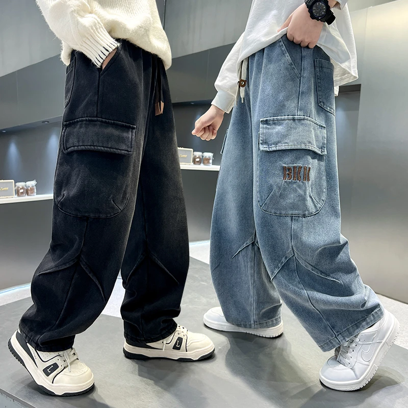 男童牛仔裤春秋款2025新款中大童痞帅时髦工装裤潮童炸街阔腿裤潮
