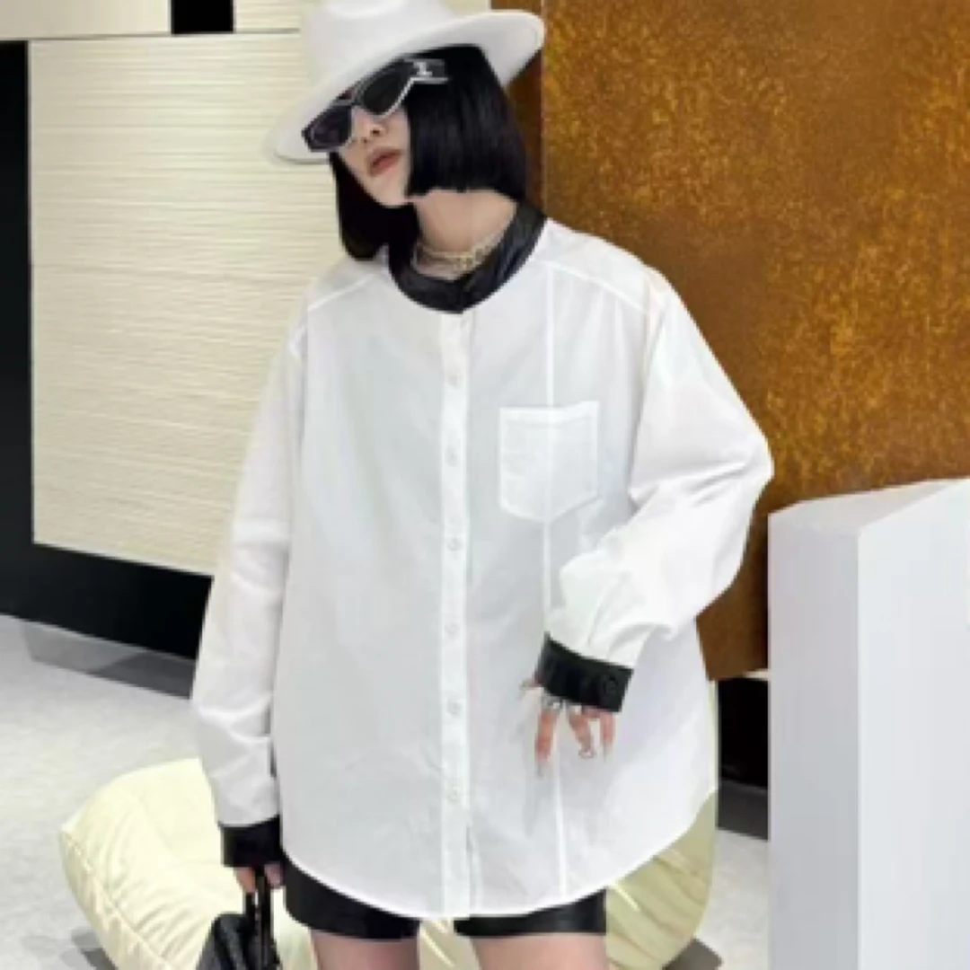 欧货拼皮撞色立领长袖衬衫时尚百搭上衣