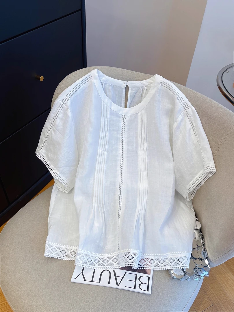 韩系镂空蕾丝花边压褶短袖t恤女夏2025宽松设计感圆领娃娃衫上衣
