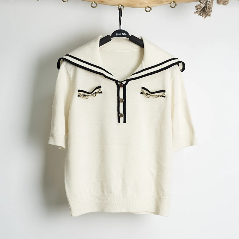 【老潘】海军翻领金属扣短袖针织POLO衫女法式上衣全羊毛8021