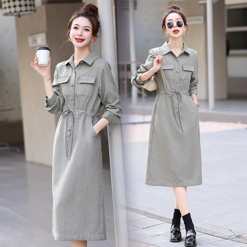 2025春季新款时尚洋气收腰显瘦中长款连衣裙女翻领气质百搭裙子