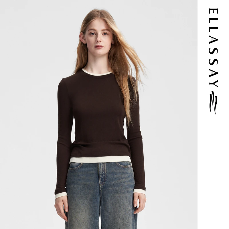 歌力思秋新雅丹风绵羊毛个性拼接针织T恤女EWB353Z00300