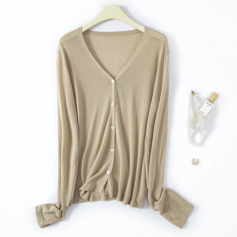 轻柔亚麻上衣女夏薄针织开衫外套V领宽松防晒衫长袖外搭空调衫