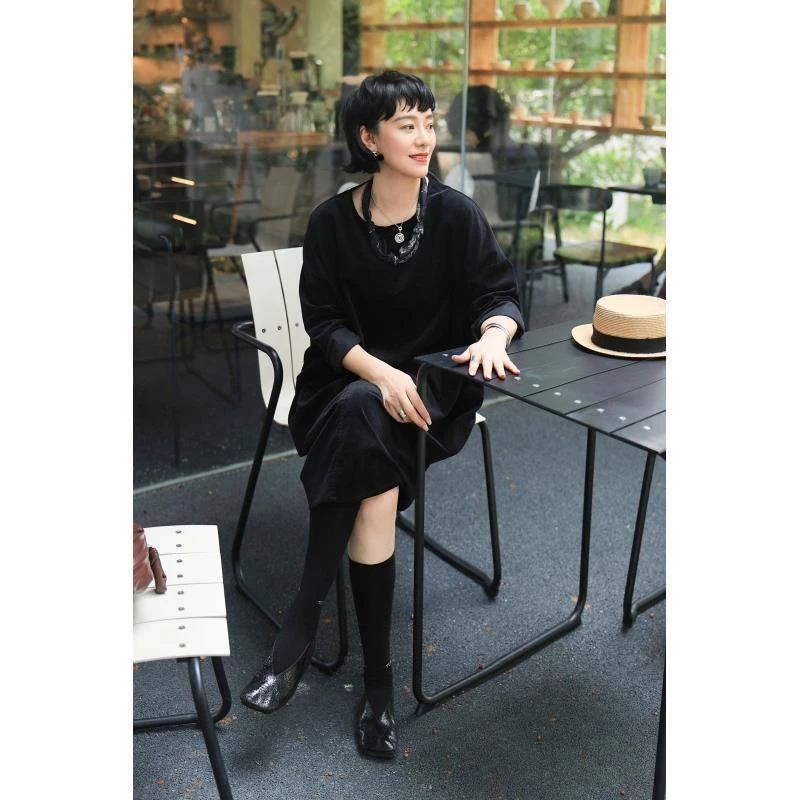 Li Wang/里望设计师款  绒感全棉 平绒大口袋长袖宽松休闲连衣裙
