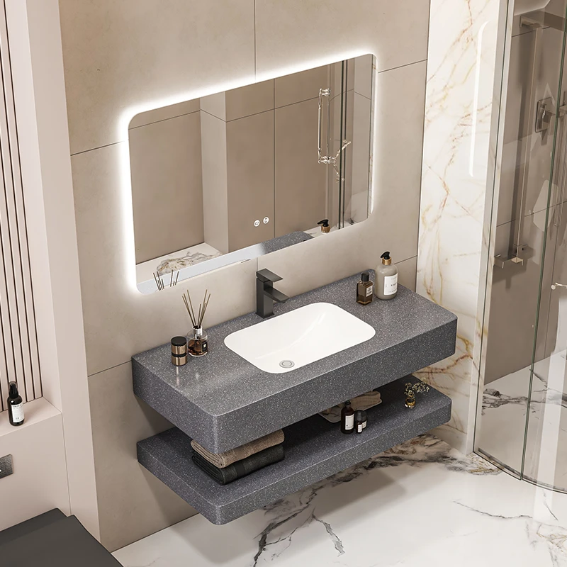 酒店通体双层岩板无缝洗漱盆一体浴室柜定制家用民宿挂墙式洗脸池