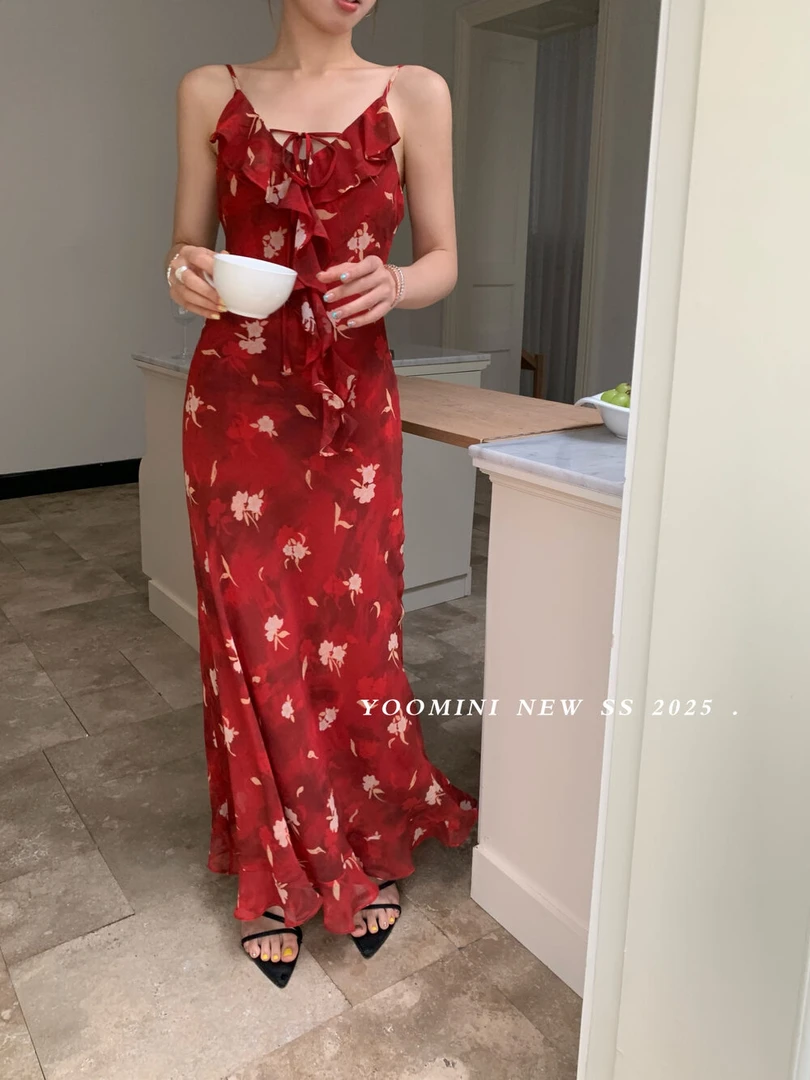 【YOOMINI】16511荷叶边露背海边度假风2025夏新款吊带长裙连衣裙